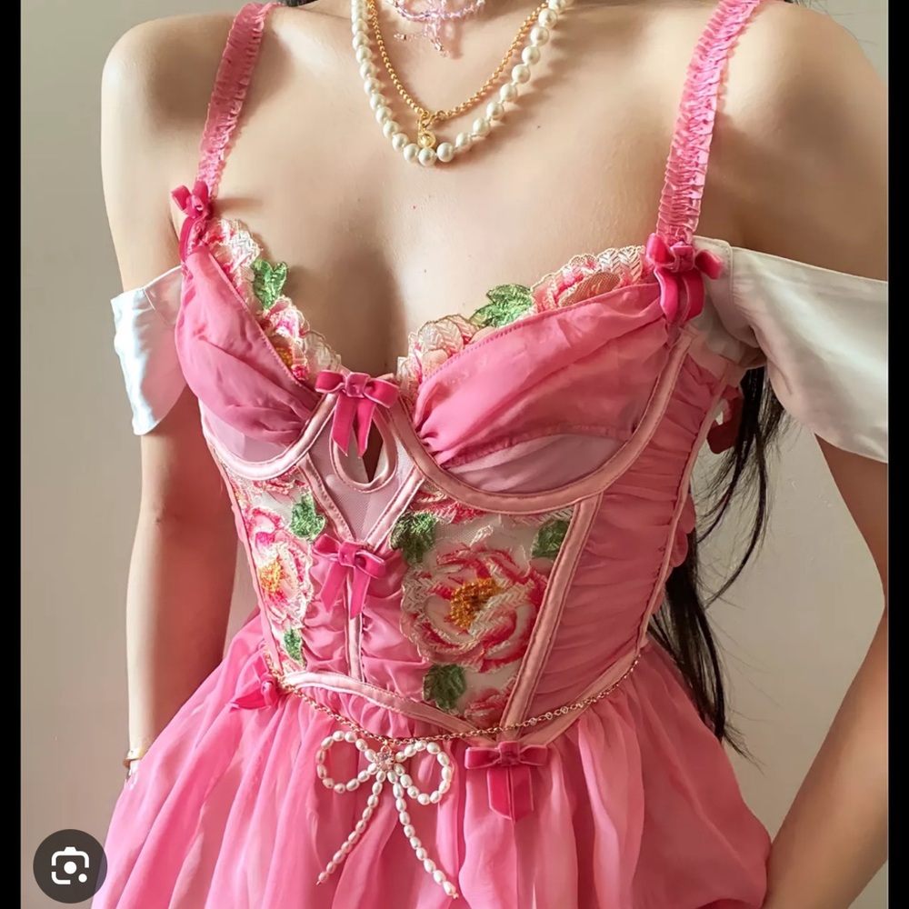 Pink Floral Embroidered Corset Dress For Love and Lemons